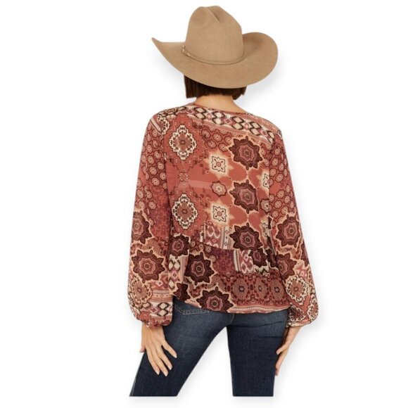 Shyanne Peasant Boho Top Rust Semi-Sheer Chiffon Size M - Picture 4 of 11